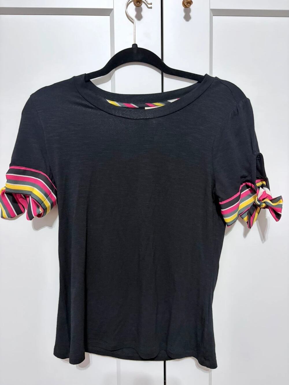 Indie Pop Colorful Striped Bow Tie Sleeves Black Top Size XS by Maison Jules